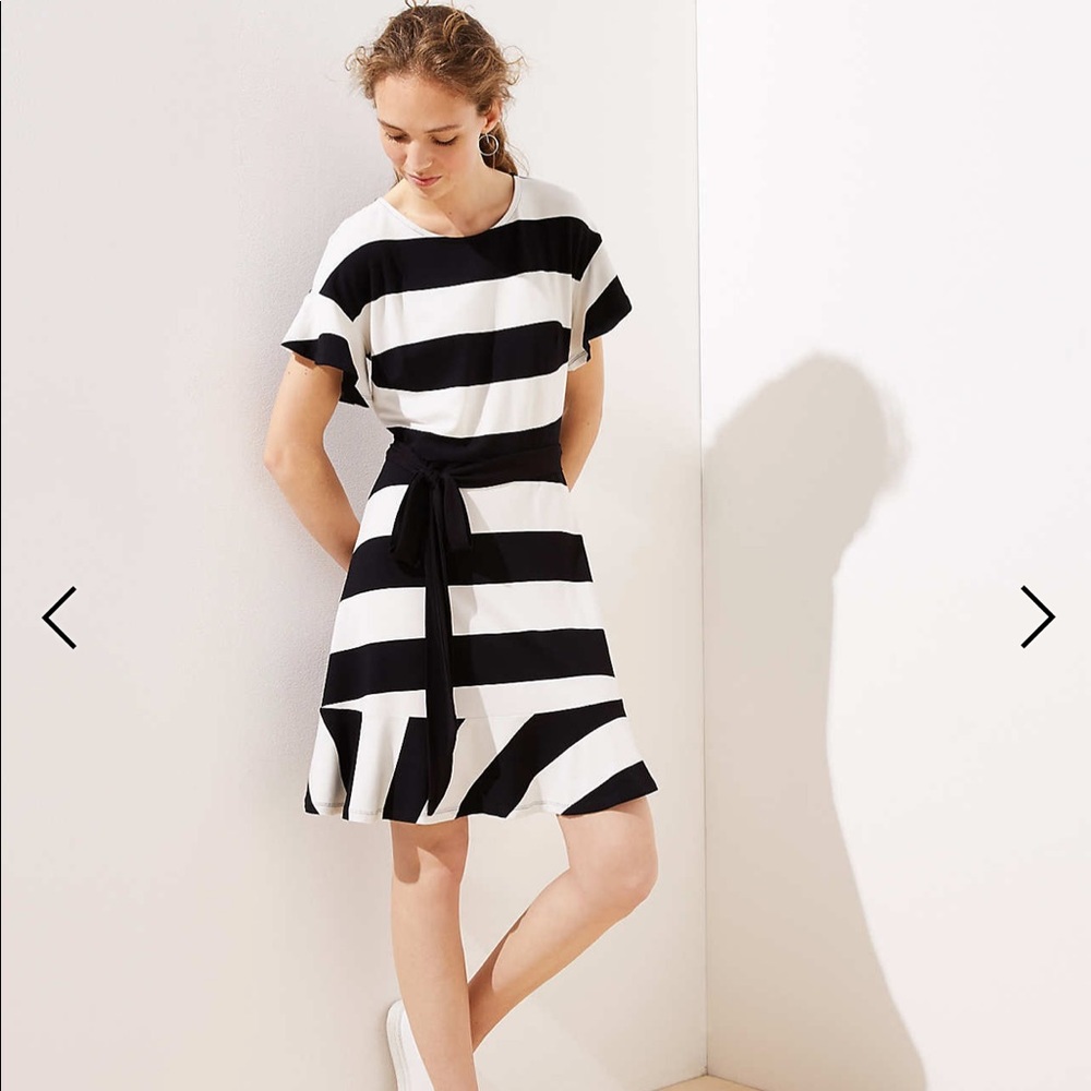 Petite Striped Tie Waist Flounce Dress